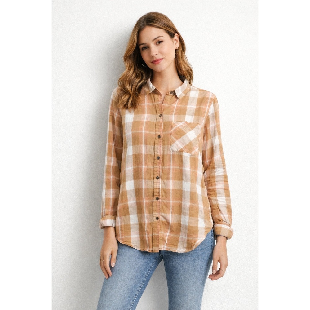 True Craft Womens XL Plaid Button Down Shirt Tan White Pink Long Sleeve Relaxed